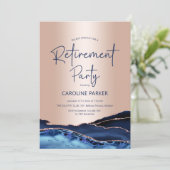 Rosen Gold Navy Blue Agate Retirement Party Einladung (Stehend Vorderseite)