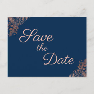 Rosen Gold Navy Blue Floral Save the Date Ankündigungspostkarte