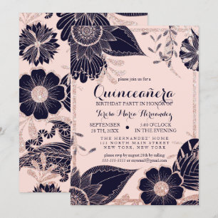 Rosen Gold Navy Rosa Blumenblume Glitzer Quinceañe Einladung