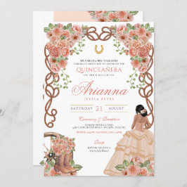 Rosen Gold Peach Pink Western Charro Quinceañera Einladung