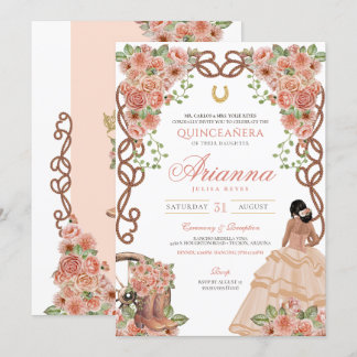 Rosen Gold Peach Pink Western Charro Quinceañera Einladung