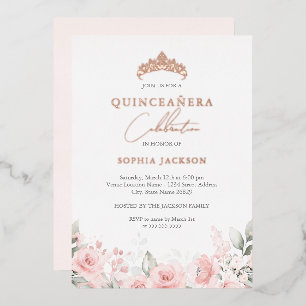 Rosen Gold Pink Aquarellfarben Quinceanera Folieneinladung
