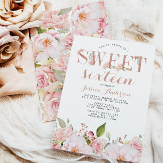 Rosen Gold Pink Floral 16 . Geburtstag Einladung