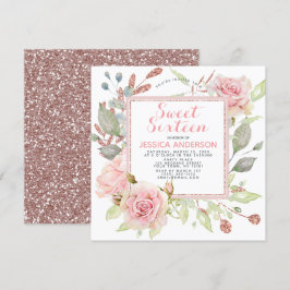 Rosen Gold Pink Floral Glitzer 16 . Geburtstag Einladung