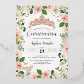 Rosen Gold Pink Floral Tiara Butterfly Quinceanera Folieneinladung (Vorderseite)