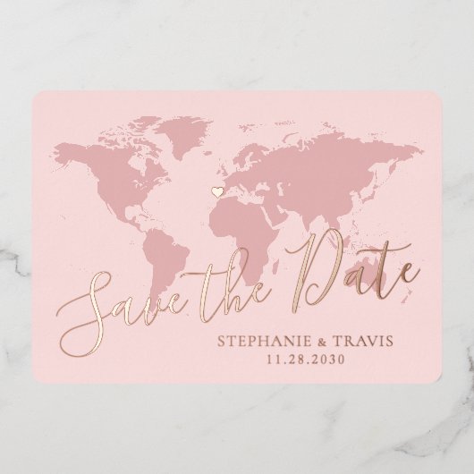 Rosen Gold Pink Weltkarte Save the Date Folieneinladung (Vorderseite)