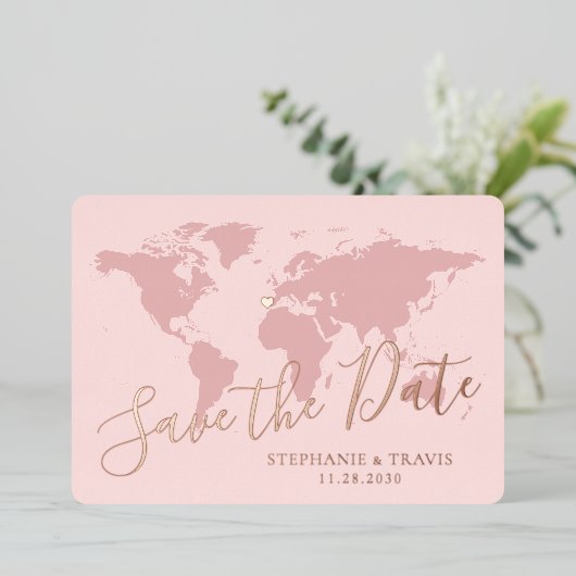 Rosen Gold Pink Weltkarte Save the Date Folieneinladung (Stehend vorne)