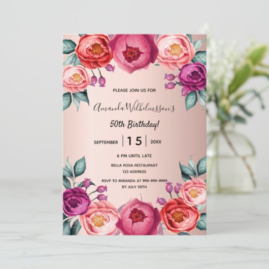 Rosen gold Rosa lila Blumengeburtstag Einladung (Stehend Vorderseite)