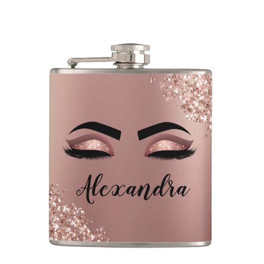 Rosen Gold Rosa Monogram Glitzer Eyelashes Flachmann (Vorderseite)