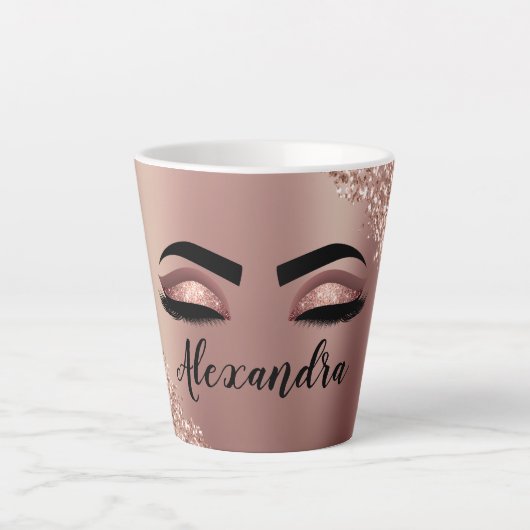 Rosen Gold Rosa Monogram Glitzer Eyelashes Milchtasse (Vorderseite)