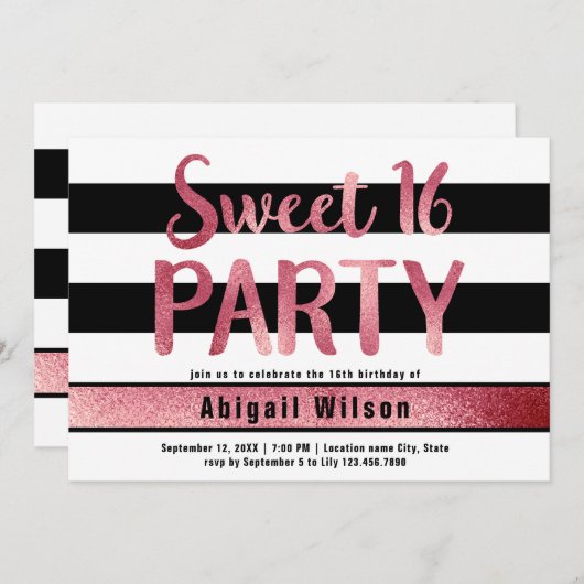 Rosen gold Schwarz-weiß 16 . Geburtstag Geburtstag Einladung (Vorne/Hinten)