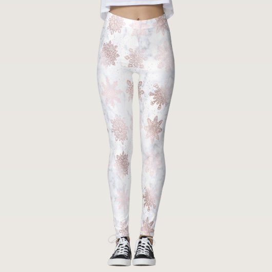Rosen-Gold-u. Marmor-Schneeflocke-Weihnachtsmuster Leggings (Vorderseite)