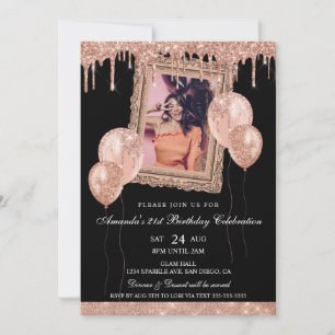 Rosen-Gold- und schwarzer Glitter-Drip-Fotorahmen Einladung