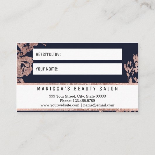 Rosen-GoldBlumen-Marine-Blau-Empfehlungs-Karte Empfehlungskarte (Rückseite)