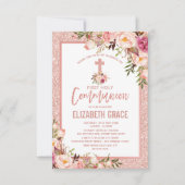 Rosen-Goldblumenmädchen-heilige Kommunion Einladung (Vorderseite)