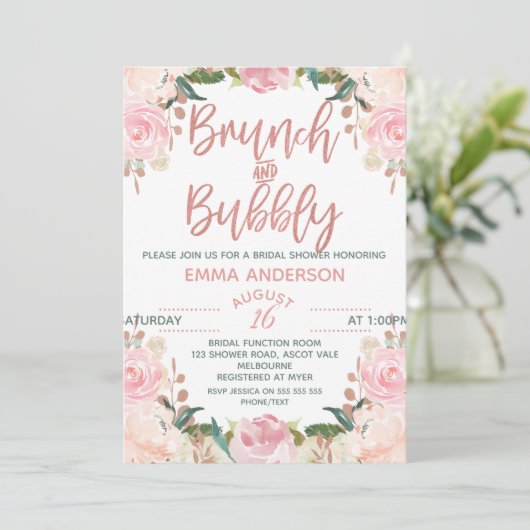 Rosen-Goldbrunch-sprudelnde Blumenbrauteinladung Einladung (Stehend Vorderseite)