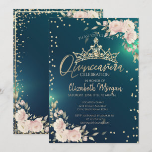 Rosen, Goldene Tiara, Diamanten Grüne Quinceañera Einladung