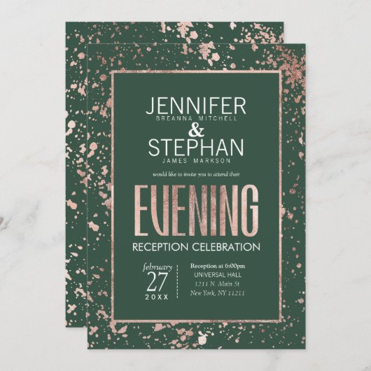 Rosen-Goldfarben-Spritzer-grüner Abends-Empfang Einladung (Vorne/Hinten)