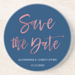 Rosen-Goldfolien-und Marine-Blau-Save the Date Getränkeuntersetzer