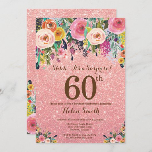Rosen-GoldGlitzer-Blumenüberraschungs-60. Einladung (Vorne/Hinten)