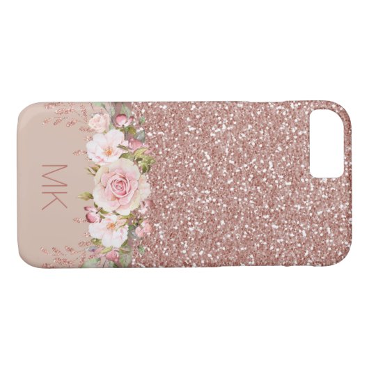 Rosen-GoldGlitzer mit Blumen mit Monogramm Case-Mate iPhone Hülle (Rückseite (Horizontal))