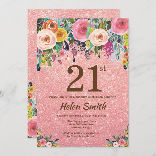 Rosen-GoldGlitzer-Rosa-Blumen21. Geburtstag Einladung (Vorne/Hinten)