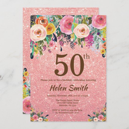 Rosen-GoldGlitzer-Rosa-Blumen50. Geburtstag Einladung (Vorne/Hinten)