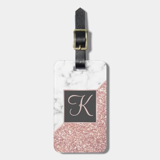 Rosen-GoldGlitzer-weiße mit Monogramm Gepäckanhänger (Vorderseite vertikal)
