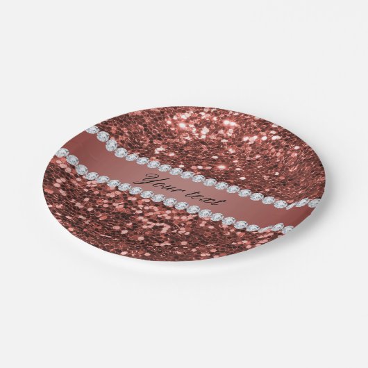 Rosen-GoldImitat-Glitzer und Diamanten Pappteller (Schrägansicht)