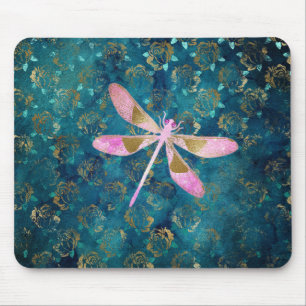 Rosen-Goldlibelle auf Türkis-Blumenhintergrund Mousepad