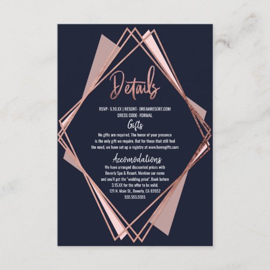 Rosen-Goldmarine-Blau-malvenfarbene geometrische Begleitkarte (Vorderseite)