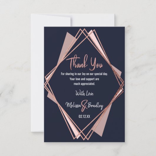 Rosen-Goldmarine-Blau-malvenfarbene geometrische Dankeskarte (Vorderseite)