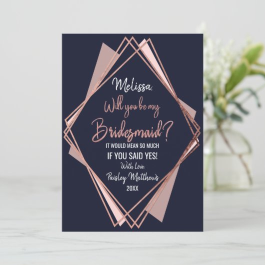 Rosen-Goldmarine-Blau-malvenfarbene geometrische Einladung (Stehend Vorderseite)