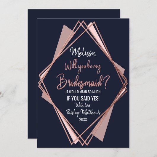 Rosen-Goldmarine-Blau-malvenfarbene geometrische Einladung (Vorne/Hinten)