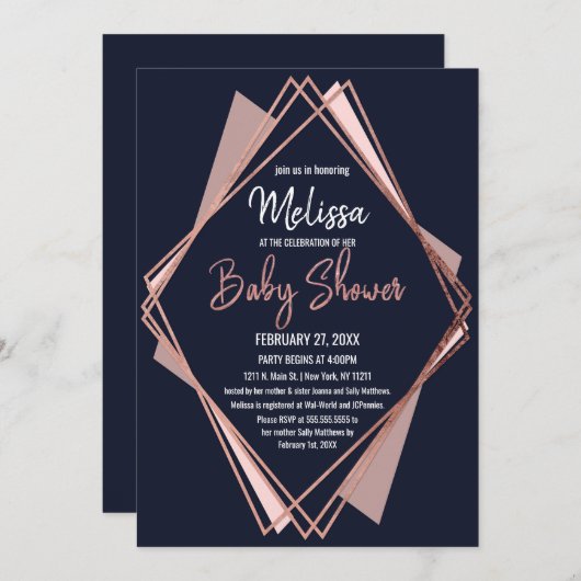 Rosen-Goldmarine-Blau-malvenfarbene geometrische Einladung (Vorne/Hinten)