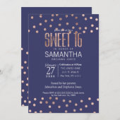 Rosen-Goldpolka-Punkt-heller Marine-Blau-Bonbon 16 Einladung (Vorne/Hinten)