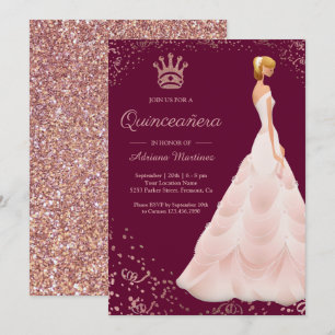 Rosen-Goldprinzessin Dress Magenta Quinceanera Einladung