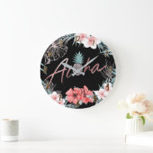 Rosen-Goldtropische Ananasbotanischer Aloha Chic Große Wanduhr (Zuhause)