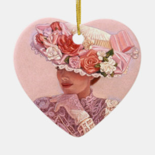Rosen-Hut-viktorianische Dame Heart Christmas Keramikornament