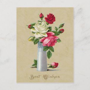 Rosen im Vasengesteck mit besten Wünschen Vintage- Postkarte