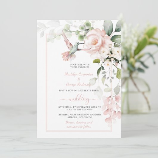 Rosen in Rosa, Hummingvogel und Grünpflanzen in Sc Einladung (Stehend Vorderseite)