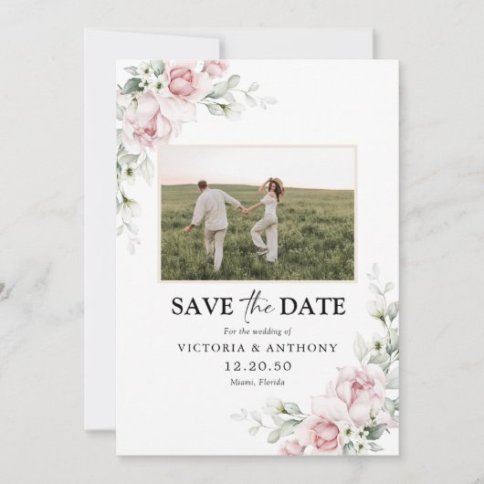 Rosen in Rosa Save the Date mit Fotokarte (Vorderseite)