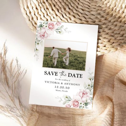 Rosen in Rosa Save the Date mit Fotokarte