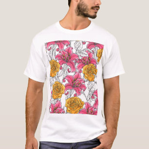 Rosen-Lilien-Handzeichnung Muster T-Shirt