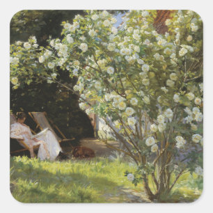 Rosen. Marie Krøyer sitzend im Liegestuhl Quadratischer Aufkleber