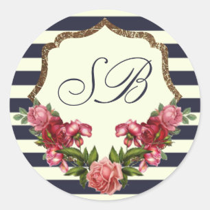 Rosen-Marine-Streifen und Goldmonogramm-Aufkleber Runder Aufkleber