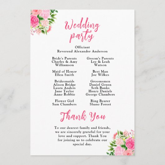 Rosen mit Foliage Hochzeitsprogramm Programm (Rückseite)