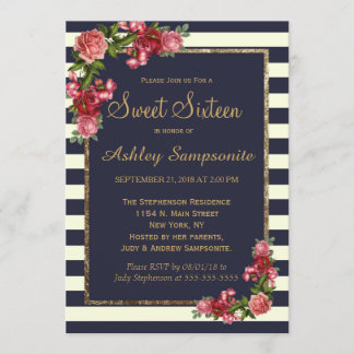 Rosen Navy Streifen und Gold Sweet 16 Einladungen