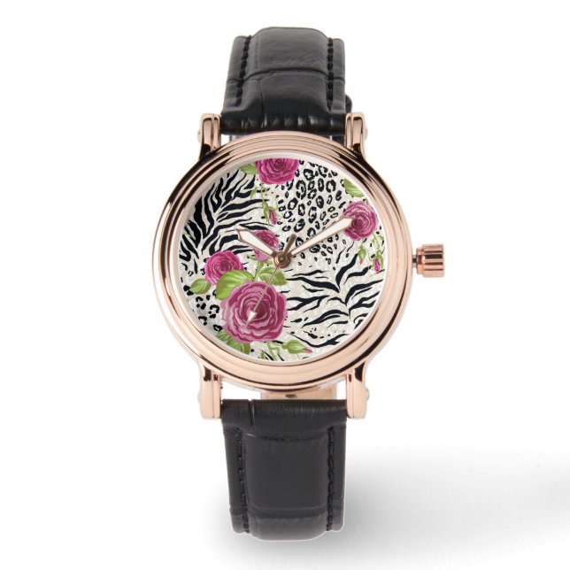 Rosen On Animal Pattern Armbanduhr (Vorderseite)