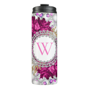 Rosen Pink Burgund Diamanten Elegantes Monogramm Thermosbecher